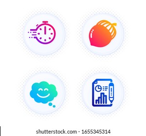 Smile chat, Acorn and Cooking timer icons simple set. Button with halftone dots. Report document sign. Happy face, Oaknut, Stopwatch. Growth chart. Business set. Gradient flat smile chat icon. Vector