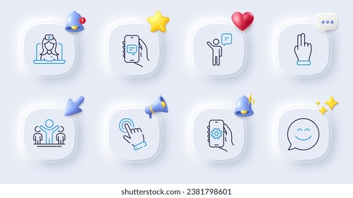 Sonreir chat, configuración de aplicaciones e iconos de línea ganadora. Botones con timbre 3d, discurso de chat, cursor. Paquete de mano Click, Cursor, icono de telemedicina. Agente, pictograma de aplicación de chat. Para aplicación web, imprimir. Vector