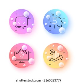 Smile chat, Bitcoin think and Work home minimal line icons. 3d spheres or balls buttons. Loan percent icons. For web, application, printing. Happy face, Cryptocurrency head, Freelance work. Vector