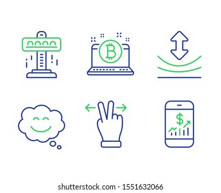 Smile chat, Bitcoin and Touchscreen gesture line icons set. Attraction, Resilience and Mobile finance signs. Happy face, Cryptocurrency laptop, Swipe. Free fall. Technology set. Vector