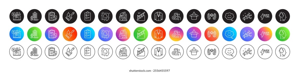 Smile chat, Checklist and Justice scales line icons. Round icon gradient buttons. Pack of Stress, Head, Stairs icon. Petrol station, Ole chant, Travel loan pictogram. Vector