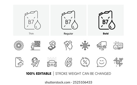 Smile chat, Chemistry dna and Smile line icons. Pack of Diesel canister, Loan percent, Smartphone cloud icon. Hypoallergenic tested, Mindfulness stress, Logistics network pictogram. Line icons. Vector