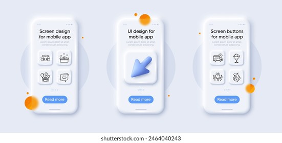 Smile chat, Delivery and Present box line icons pack. 3d phone mockups with cursor. Glass smartphone screen. Ice cream, Cake, Hold heart web icon. Puzzle, Hot offer pictogram. Vector