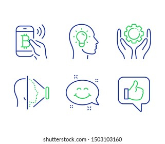 Smile chat, Face id and Bitcoin pay line icons set. Employee hand, Idea head and Like signs. Happy emoticon, Phone scanning, Mobile payment. Work gear. People set. Vector