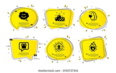 Smile chat, Fireworks explosion and Heart icons simple set. Yellow speech bubbles with dotwork effect. Present, Wish list and Heart flame signs. Happy face, Pyrotechnic salute, Love head. Vector