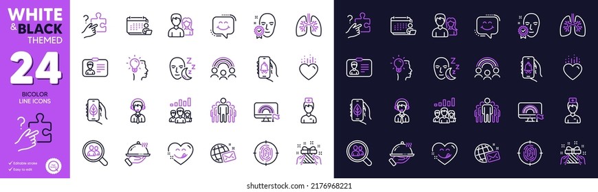 Smile chat, Heart and Search puzzle line icons for website, printing. Collection of Fingerprint, Accounting, Group icons. Sleep, Ecology app, Shipping support web elements. Idea, Gift. Vector