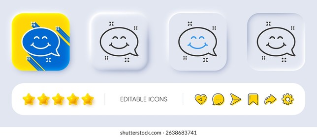 Smile chat line icon. Neumorphic, Flat shadow, 3d buttons. Happy face sign. Emoticon speech bubble symbol. Line smile chat icon. Social media icons. Vector