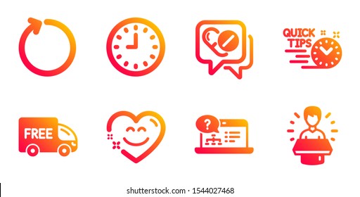 Smile chat, Loop and Free delivery line icons set. Clock, Medical drugs and Quick tips signs. Online help, Brand ambassador symbols. Heart face, Refresh. Business set. Vector