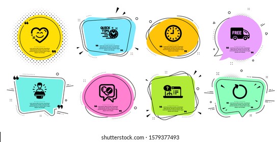 Smile chat, Loop and Free delivery line icons set. Chat bubbles with quotes. Clock, Medical drugs and Quick tips signs. Online help, Brand ambassador symbols. Heart face, Refresh. Business set. Vector