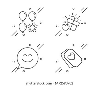 Smile chat, Love gift and Balloon dart line icons set. Love ticket sign. Happy face, Heart, Attraction park. Holidays set. Line smile chat outline icon. Vector