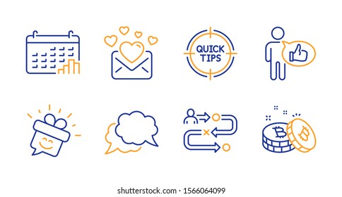 Smile, Chat message and Like line icons set. Love mail, Journey path and Tips signs. Calendar graph, Bitcoin symbols. Gift box, Speech bubble. Technology set. Line smile icon. Vector