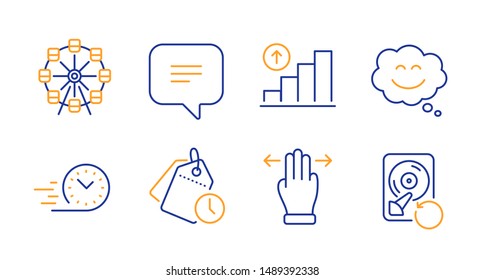 Smile Chat, Multitasking Gesture And Graph Chart Line Icons Set. Text Message, Time Management And Ferris Wheel Signs. Fast Delivery, Recovery Hdd Symbols. Happy Face, Swipe. Technology Set. Vector