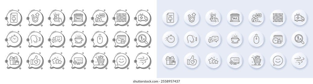 Smile chat, Online auction and Market sale line icons. White pin 3d buttons, chat bubbles icons. Pack of Seo, Coffee cup, Grocery basket icon. Happy emotion, Music phone, Binary code pictogram. Vector