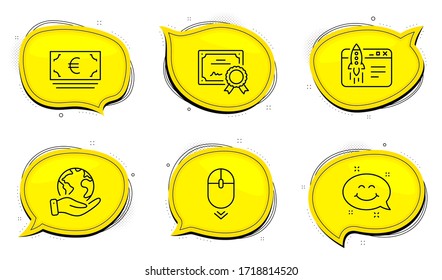 Smile chat sign. Diploma certificate, save planet chat bubbles. Euro currency, Start business and Scroll down line icons set. Eur banking, Launch idea, Mouse swipe. Happy emoticon. Vector
