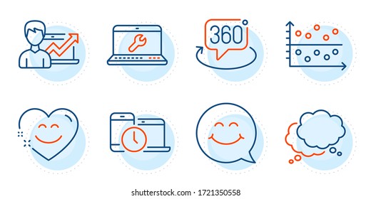 Smile chat, Time management and 360 degree signs. Dot plot, Speech bubble and Smile face line icons set. Laptop repair, Success business symbols. Presentation graph, Chat message. Vector