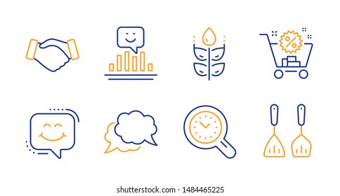 Smile chat, Time management and Chat message line icons set. Smile, Handshake and Gluten free signs. Shopping cart, Cooking cutlery symbols. Happy face, Time analysis. Business set. Vector