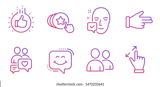 Smile chat, Users and Dating chat line icons set. Click hand, Hold heart and Face accepted signs. Like hand, Touchscreen gesture symbols. Happy face, Couple of people. People set. Vector