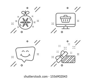 Smile chat, Web shop and Christmas ball line icons set. Present sign. Happy face, Shopping cart, Snowflake. Gift. Holidays set. Line smile chat outline icon. Vector
