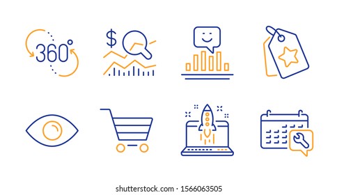 Smile, Check investment and Eye line icons set. Market sale, 360 degree and Loyalty tags signs. Start business, Spanner symbols. Positive feedback, Business report. Technology set. Vector