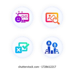 Smile, Checkbox and Search photo icons simple set. Button with halftone dots. Ab testing sign. Positive feedback, Survey choice, Find image. Test chart. Business set. Gradient flat smile icon. Vector