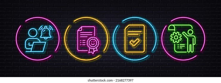 Smile, Checked file and User notification minimal line icons. Neon laser 3d lights. Settings blueprint icons. For web, application, printing. Certificate, Correct document, Work notice. Vector