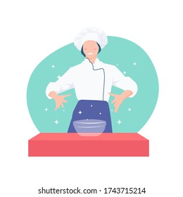 Smile Chef do magic cooking flat illustration concept, Women cooking flat design vector