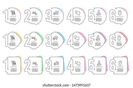 Smile, Chemistry lab and Swipe up line icons set. Infographic timeline. Divider document, Buy button and Speech bubble signs. Socila media, Laboratory, Scrolling page. Report file. Vector