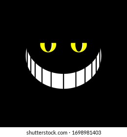The smile of a Cheshire cat with yellow eyes out of the dark. Vector drawing on a black background close-up.
