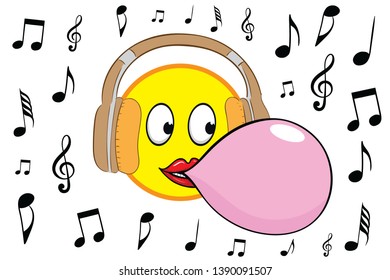 Smile with chewing gum and earphones
