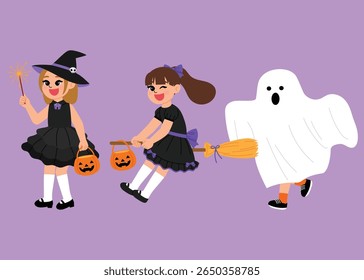 smile children cartoon celebrate halloween festival and wear witch with witch hat, pumpkin bucket, sheet ghost costume cosplay, smile kid playing trick or treat illustration