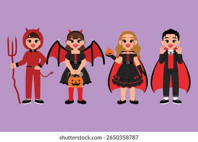 smile children cartoon celebrate halloween festival and wear red devil with pitchfork, cute devil with pumpkin bucket, vampire  costume cosplay, smile kid playing trick or treat illustration