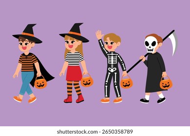 smile children cartoon celebrate halloween festival and wear stripe shirt with witch hat, skeleton ghost, grim reaper with scythe and  costume cosplay, smile kid playing trick or treat illustration