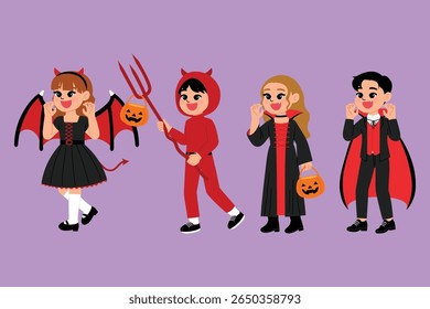 smile children cartoon celebrate halloween festival and wear vampire, cute devil with wing, red devil with pitchfork costume cosplay, smile kid playing trick or treat illustration