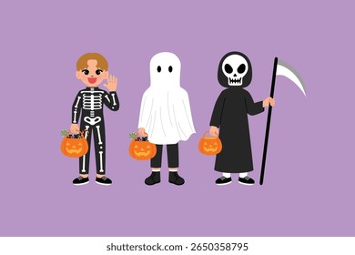 smile children cartoon celebrate halloween festival and wear skeleton ghost, ghost sheet, grim reaper with scythe costume cosplay, smile kid playing trick or treat illustration