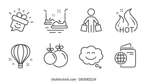 Smile, Christmas ball and Smile chat line icons set. Bumper cars, Travel passport and Buyer signs. Hot sale, Air balloon symbols. Gift box, Decoration, Happy face. Holidays set. Vector
