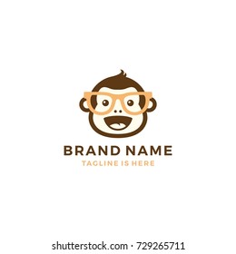 smile chubby monkey chimp chimpanzee geek logo template vector icon illustration