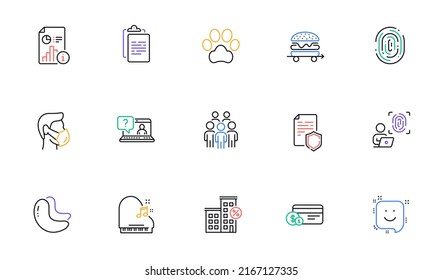 Smile, Clipboard and Payment method line icons for website, printing. Collection of Group people, Dog paw, Data security icons. Cashew nut, Computer fingerprint, Fingerprint web elements. Vector