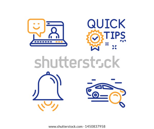 Smile,\
Clock bell and Quick tips icons simple set. Search car sign. Laptop\
feedback, Alarm, Helpful tricks. Find transport. Technology set.\
Linear smile icon. Colorful design set.\
Vector