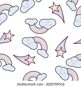 Smile cloud, star and rainbow seamless pattern on white background.