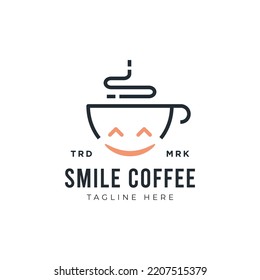 Smile and coffee cup logo design concept. Mascot caffeine icon vector illustration