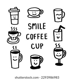 Smile Coffee Cup Set of Coffee Doodle Art Hand drawn , Coffee Shop Decoration Icon