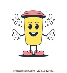 Smile coffee paper cup cute cartoon character comic mascot retro 30s animation style icon vector flat illustration. Cheerful hot morning caffeine beverage to go take away drink with drops outline logo