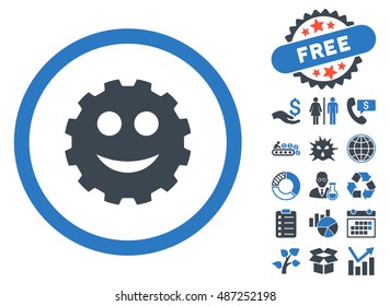 Smile Cog icon with free bonus elements. Vector illustration style is flat iconic bicolor symbols, smooth blue colors, white background.