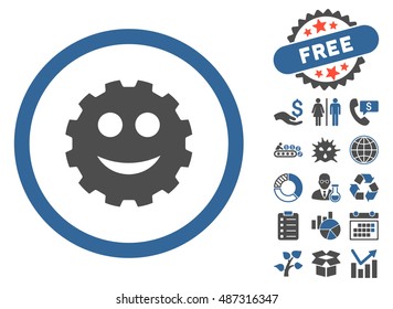 Smile Cog icon with free bonus icon set. Vector illustration style is flat iconic bicolor symbols, cobalt and gray colors, white background.