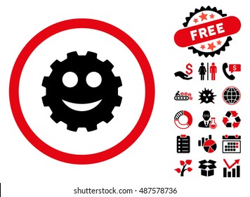 Smile Cog icon with free bonus elements. Vector illustration style is flat iconic bicolor symbols, intensive red and black colors, white background.