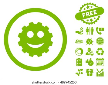Smile Cog icon with free bonus pictograph collection. Vector illustration style is flat iconic symbols, eco green color, white background.