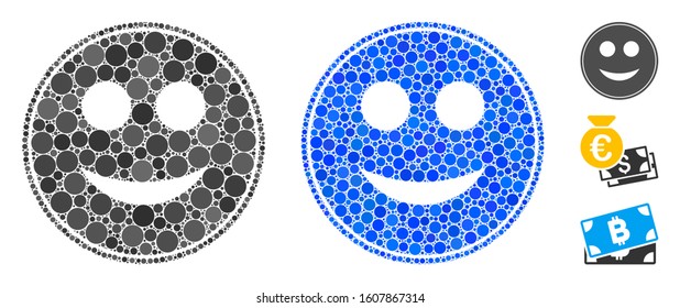 Smile coin composition of spheric dots in various sizes and color tints, based on smile coin icon. Vector dots are united into blue composition. Dotted smile coin icon in usual and blue versions.