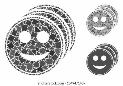Smile coins composition of inequal pieces in variable sizes and color tinges, based on smile coins icon. Vector bumpy pieces are composed into collage. Smile coins icons collage with dotted pattern.
