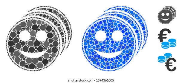 Smile coins composition of small circles in different sizes and color tinges, based on smile coins icon. Vector small circles are organized into blue composition.