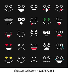 Smile coloured icons. Collection of colorful negative isolated expression fun labels on black backdrop in simple minimalist style. Elegant abstract pattern idea, arts and graphic design template. 